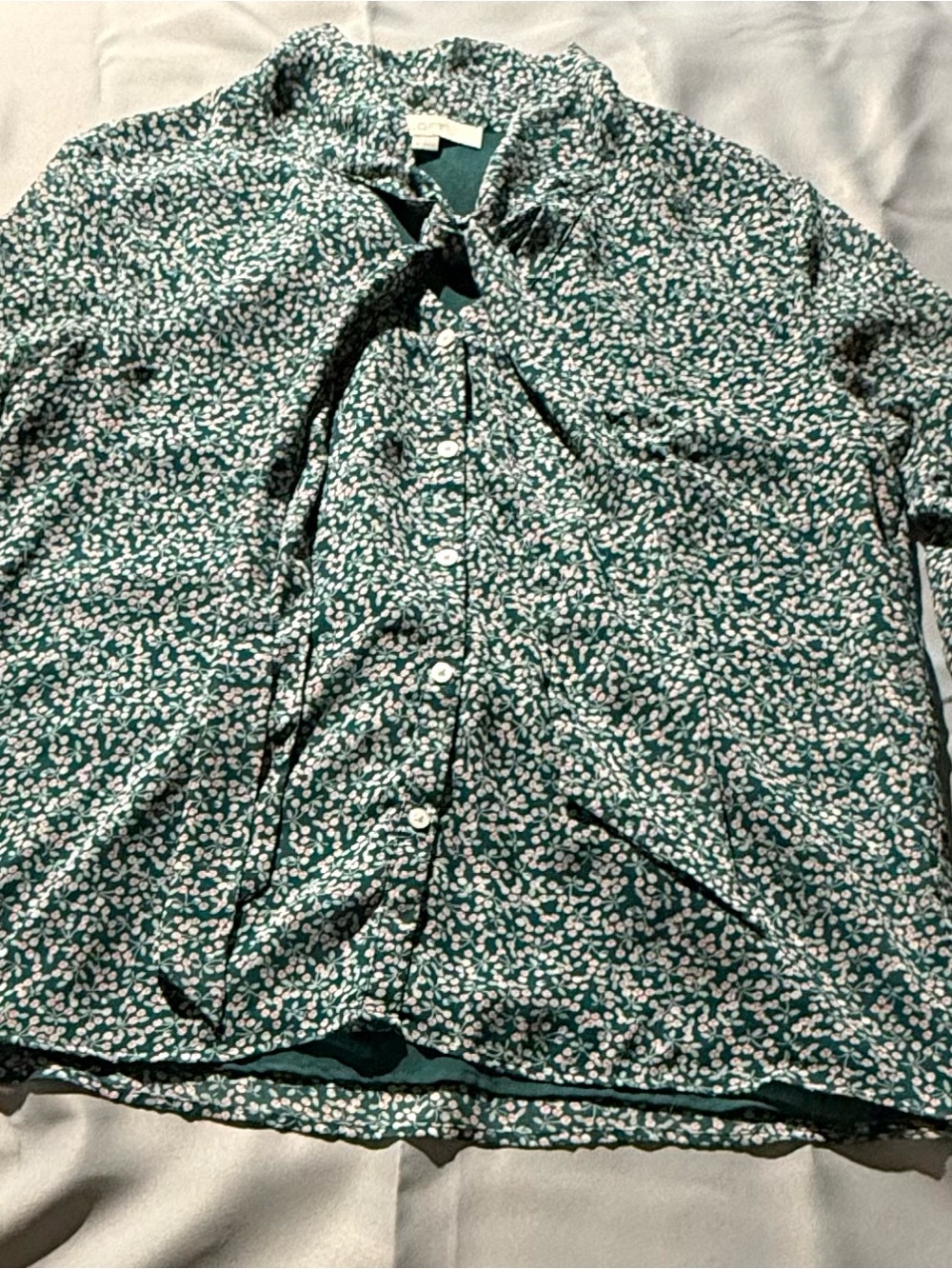 LOFT Teal Floral Tie-Neck Button Down Blouse with Pink and Cream Buds